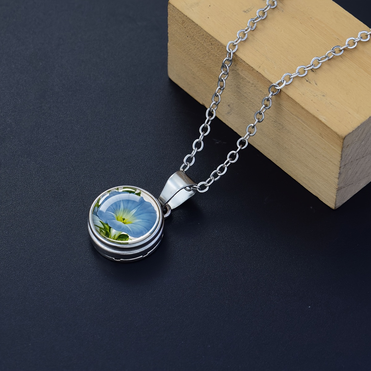 Floral Design Dome Glass Button Style Necklace